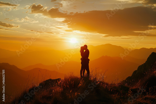 At the majestic mountain sunset, a couple embraces in a tender moment, set against a captivating landscape