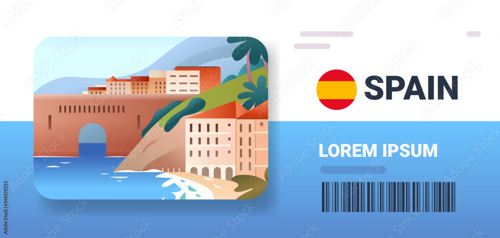 Fototapeta premium Spanish coastal cityscape with buildings cliffside ocean waves palm trees and mountains in background colorful flat design