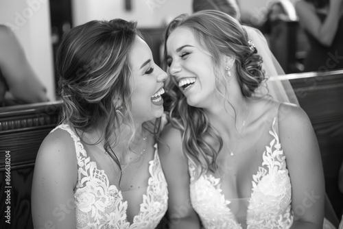 The bride and her bridesmaid share a moment of laughter, embodying deep friendship and shared joy