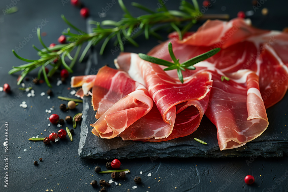 Thinly sliced Italian prosciutto adorned with sprigs of rosemary and scattered peppercorns, presented on a dark background Thinly sliced Italian prosciutto adorned with sprigs of rosemary and scattered peppercorns, presented on a dark background