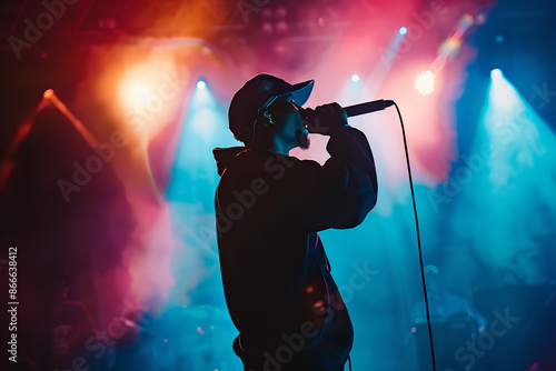 Obraz na płótnie The silhouette of a rapper, donning a cap and holding a microphone, delivers powerful lyrics under vibrant stage lights w salonie