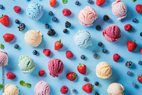 Various types of ice cream and berries are artfully displayed against an electric blue background, creating a vibrant and refreshing scene reminiscent of summer fun