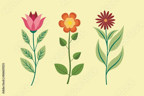 Colorful Vibrant Flowers Vector Illustrations.