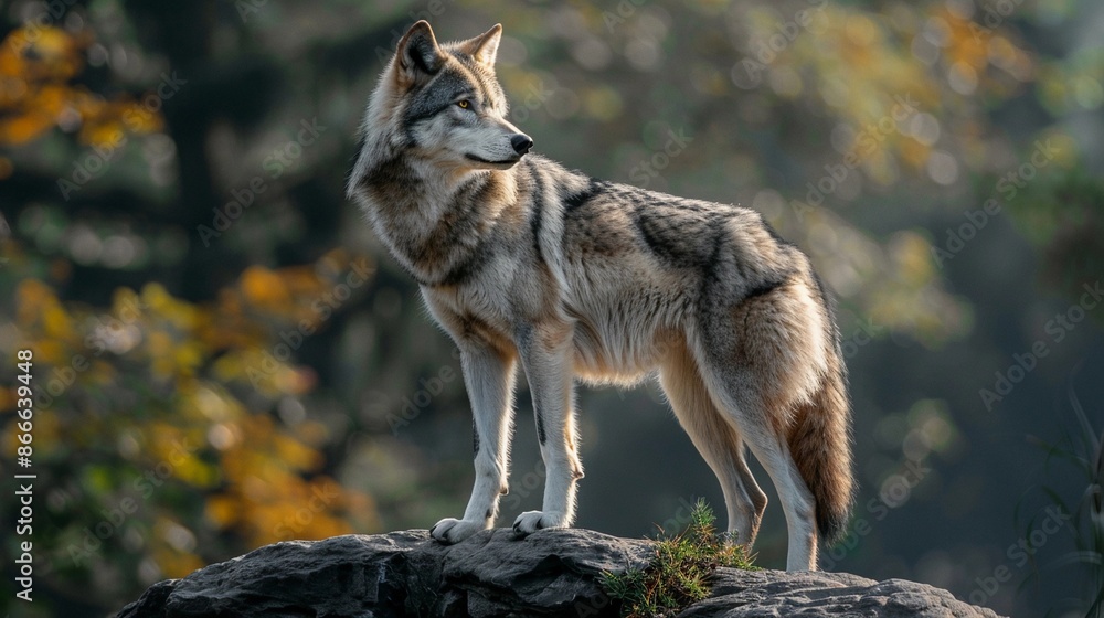 Fototapeta premium realistic animal photography of white wolf standing on a rock mountain