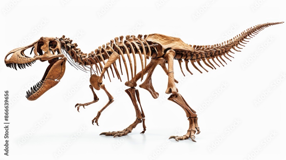 Fototapeta premium Tyrannosaurus Rex skeleton depicts its size and anatomy in a lifelike pose, despite being fossils