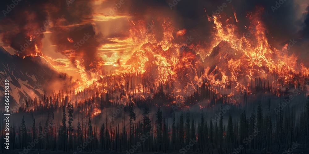 Dramatic Wildfire Consuming Mountain Forest at Sunset in Remote Wilderness Dramatic Wildfire Consuming Mountain Forest at Sunset in Remote Wilderness