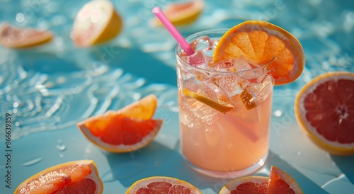 Refreshing Grapefruit Drink With Ice on a Sunny Day