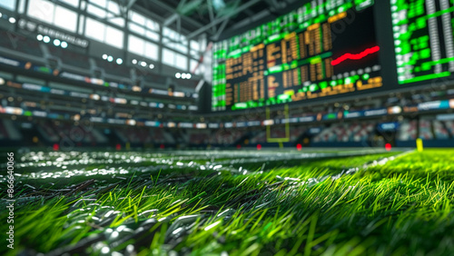 A football field merging into a bustling stock market trading floor, symbolizing the fusion of two worlds. © Mix Creative