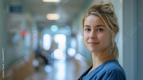 Female nurse in a blue scrubs stands in a hospital hallway, smiling softly at the camera. The background is blurred, creating a sense of depth and privacy Free Download Female nurse in a blue scrubs stands in a hospital hallway, smiling softly at the camera. The background is blurred, creating a sense of depth and privacy - GFXLoad