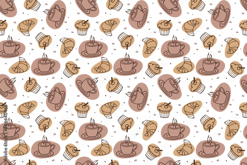Seamless pattern with Croissant, cupcake, Hot Drink. Doodle sketch on white background. Baked dessert and hot drink cup. Repeated Food Vector background for wallpaper, wrapping, textile, scrapbooking Seamless pattern with Croissant, cupcake, Hot Drink. Doodle sketch on white background. Baked dessert and hot drink cup. Repeated Food Vector background for wallpaper, wrapping, textile, scrapbooking