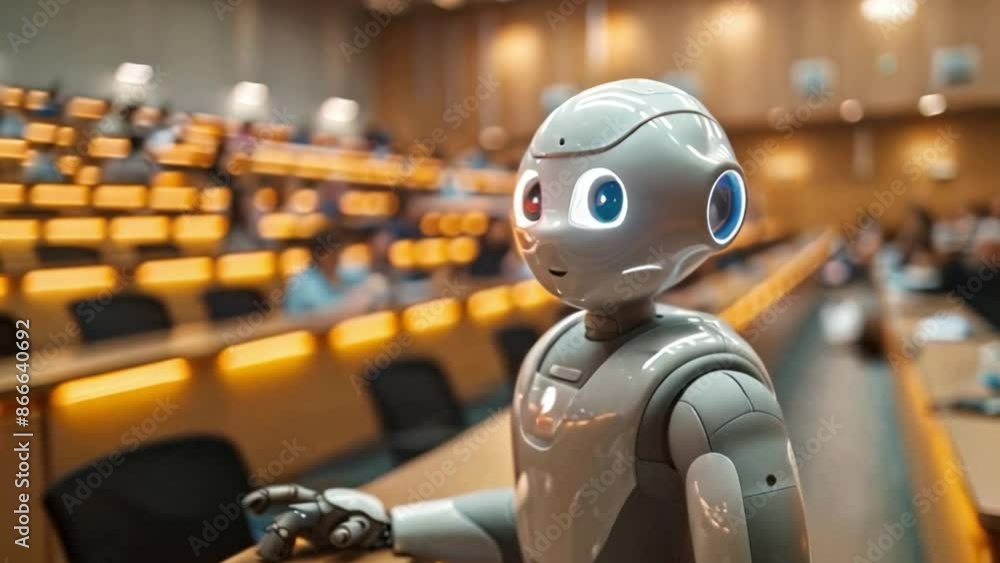 A humanoid robot stands in a classroom setting, likely addressing a group of students out of frame. The robot has a white, plastic body and large, expressive eyes. A humanoid robot stands in a classroom setting, likely addressing a group of students out of frame. The robot has a white, plastic body and large, expressive eyes.