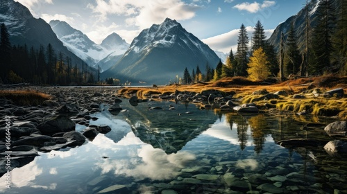 Tranquil lake reflecting towering mountains photo