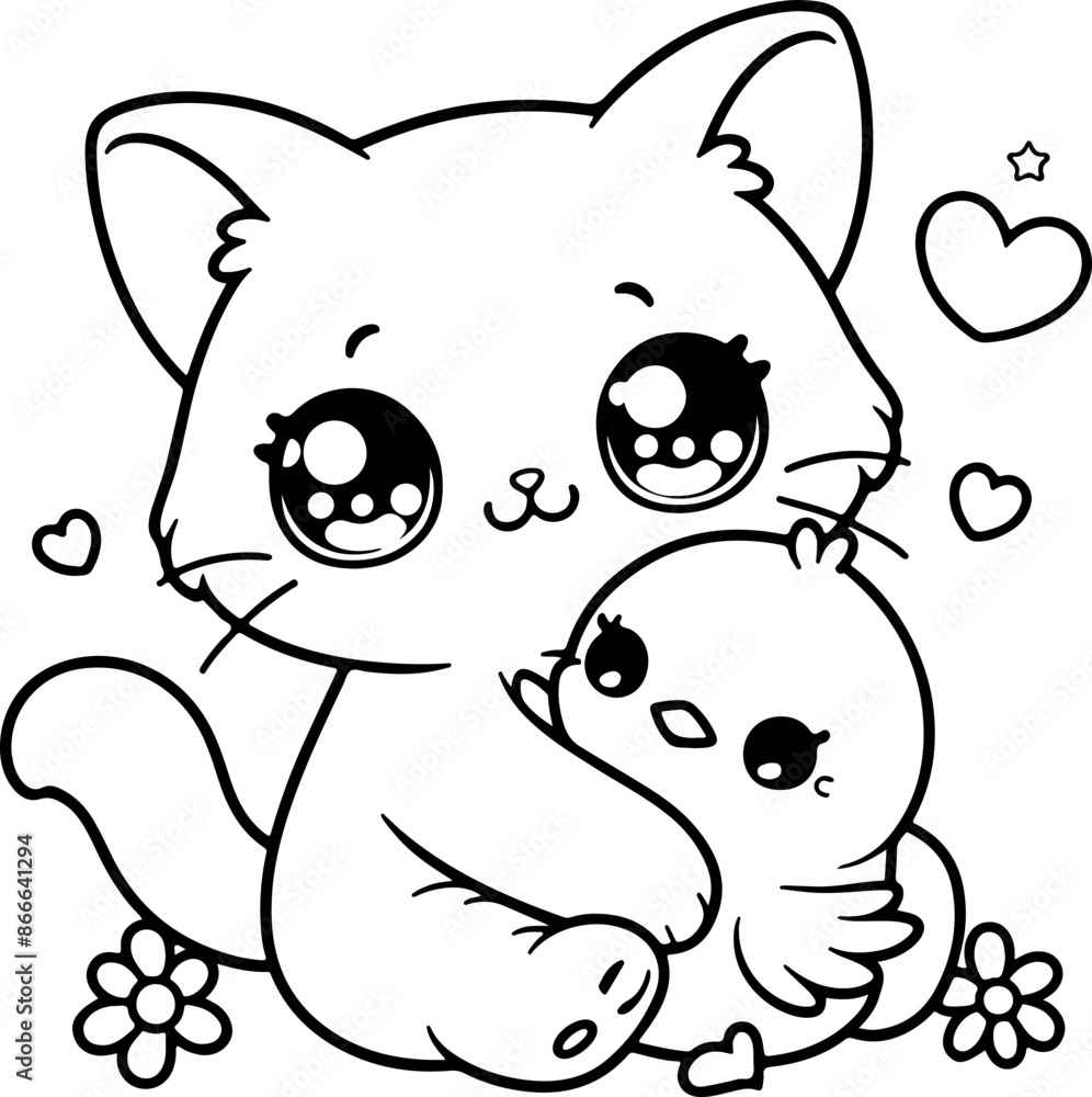 Obraz premium Dessin kawaii au trait de chat pour livre de coloriage pour adulte ou enfant. Trait noir totalement isolé du fond. Idéal pour conception a ajuster dans votre livre ou cahier. 