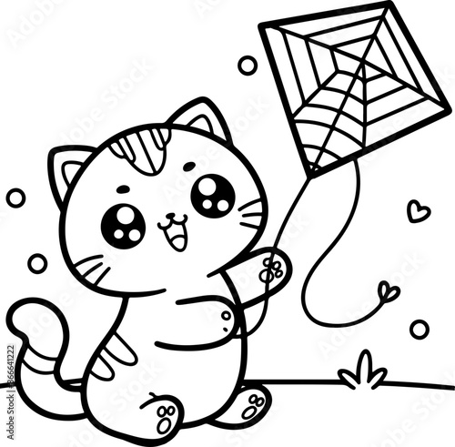 Dessin kawaii au trait de chat pour livre de coloriage pour adulte ou enfant. Trait noir totalement isolé du fond. Idéal pour conception a ajuster dans votre livre ou cahier. 