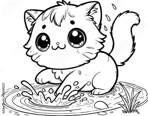 Dessin kawaii au trait de chat pour livre de coloriage pour adulte ou enfant. Trait noir totalement isolé du fond. Idéal pour conception a ajuster dans votre livre ou cahier. 