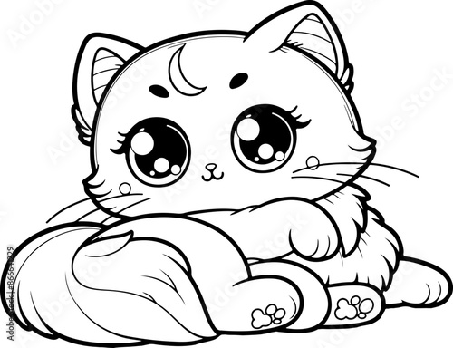 Dessin kawaii au trait de chat pour livre de coloriage pour adulte ou enfant. Trait noir totalement isolé du fond. Idéal pour conception a ajuster dans votre livre ou cahier. 