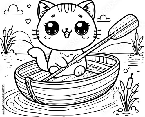 Dessin kawaii au trait de chat pour livre de coloriage pour adulte ou enfant. Trait noir totalement isolé du fond. Idéal pour conception a ajuster dans votre livre ou cahier. 