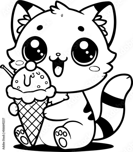 Dessin kawaii au trait de chat pour livre de coloriage pour adulte ou enfant. Trait noir totalement isolé du fond. Idéal pour conception a ajuster dans votre livre ou cahier. 