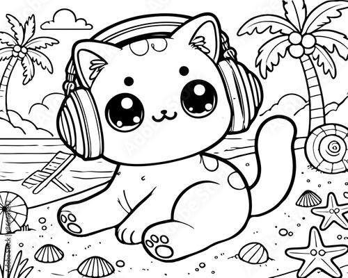 Dessin kawaii au trait de chat pour livre de coloriage pour adulte ou enfant. Trait noir totalement isolé du fond. Idéal pour conception a ajuster dans votre livre ou cahier. 