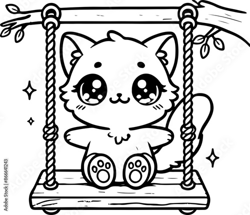 Dessin kawaii au trait de chat pour livre de coloriage pour adulte ou enfant. Trait noir totalement isolé du fond. Idéal pour conception a ajuster dans votre livre ou cahier. 