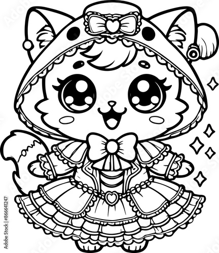 Dessin kawaii au trait de chat pour livre de coloriage pour adulte ou enfant. Trait noir totalement isolé du fond. Idéal pour conception a ajuster dans votre livre ou cahier. 