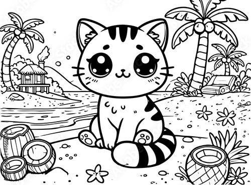 Dessin kawaii au trait de chat pour livre de coloriage pour adulte ou enfant. Trait noir totalement isolé du fond. Idéal pour conception a ajuster dans votre livre ou cahier. 