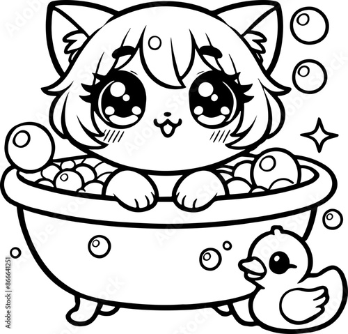 Dessin kawaii au trait de chat pour livre de coloriage pour adulte ou enfant. Trait noir totalement isolé du fond. Idéal pour conception a ajuster dans votre livre ou cahier. 