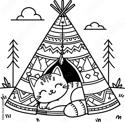 Dessin kawaii au trait de chat pour livre de coloriage pour adulte ou enfant. Trait noir totalement isolé du fond. Idéal pour conception a ajuster dans votre livre ou cahier. 