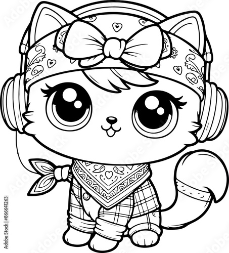 Dessin kawaii au trait de chat pour livre de coloriage pour adulte ou enfant. Trait noir totalement isolé du fond. Idéal pour conception a ajuster dans votre livre ou cahier. 