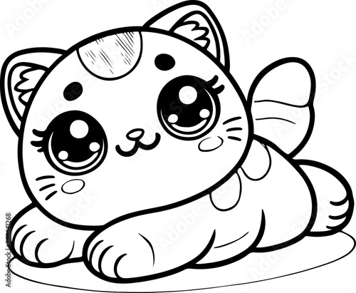 Dessin kawaii au trait de chat pour livre de coloriage pour adulte ou enfant. Trait noir totalement isolé du fond. Idéal pour conception a ajuster dans votre livre ou cahier. 