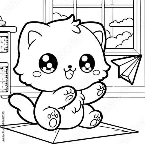 Dessin kawaii au trait de chat pour livre de coloriage pour adulte ou enfant. Trait noir totalement isolé du fond. Idéal pour conception a ajuster dans votre livre ou cahier. 