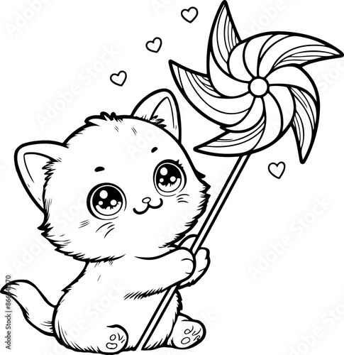 Dessin kawaii au trait de chat pour livre de coloriage pour adulte ou enfant. Trait noir totalement isolé du fond. Idéal pour conception a ajuster dans votre livre ou cahier. 