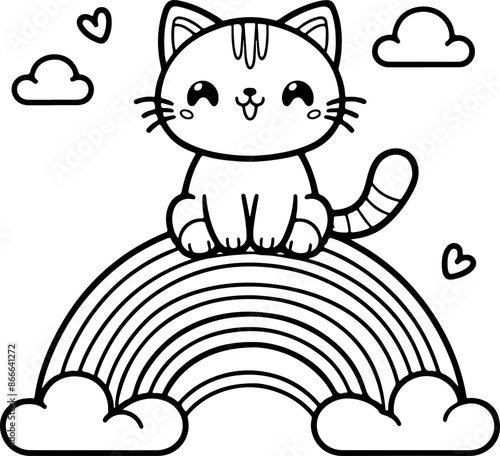 Dessin kawaii au trait de chat pour livre de coloriage pour adulte ou enfant. Trait noir totalement isolé du fond. Idéal pour conception a ajuster dans votre livre ou cahier. 