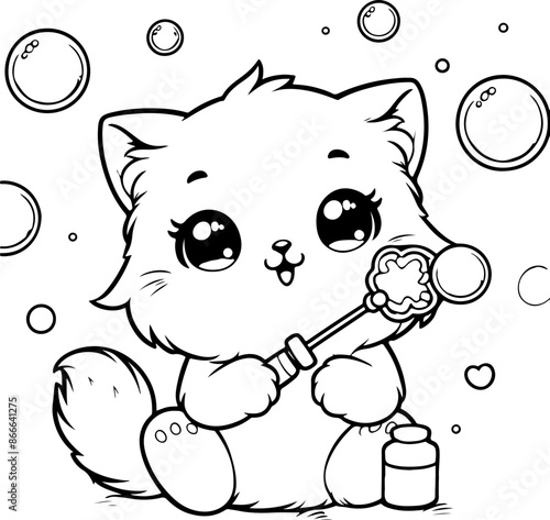 Dessin kawaii au trait de chat pour livre de coloriage pour adulte ou enfant. Trait noir totalement isolé du fond. Idéal pour conception a ajuster dans votre livre ou cahier. 