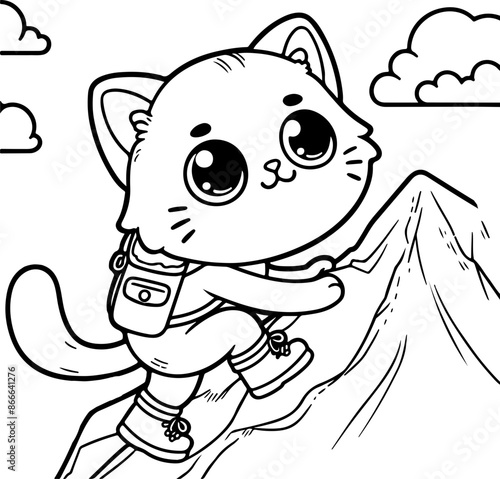 Dessin kawaii au trait de chat pour livre de coloriage pour adulte ou enfant. Trait noir totalement isolé du fond. Idéal pour conception a ajuster dans votre livre ou cahier. 