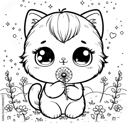 Dessin kawaii au trait de chat pour livre de coloriage pour adulte ou enfant. Trait noir totalement isolé du fond. Idéal pour conception a ajuster dans votre livre ou cahier. 