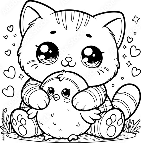 Dessin kawaii au trait de chat pour livre de coloriage pour adulte ou enfant. Trait noir totalement isolé du fond. Idéal pour conception a ajuster dans votre livre ou cahier. 