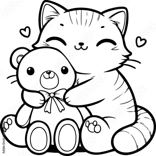 Dessin kawaii au trait de chat pour livre de coloriage pour adulte ou enfant. Trait noir totalement isolé du fond. Idéal pour conception a ajuster dans votre livre ou cahier. 