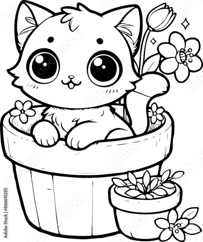 Dessin kawaii au trait de chat pour livre de coloriage pour adulte ou enfant. Trait noir totalement isolé du fond. Idéal pour conception a ajuster dans votre livre ou cahier. 