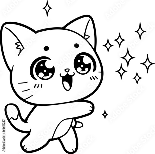 Dessin kawaii au trait de chat pour livre de coloriage pour adulte ou enfant. Trait noir totalement isolé du fond. Idéal pour conception a ajuster dans votre livre ou cahier. 