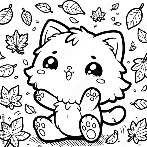 Dessin kawaii au trait de chat pour livre de coloriage pour adulte ou enfant. Trait noir totalement isolé du fond. Idéal pour conception a ajuster dans votre livre ou cahier. 