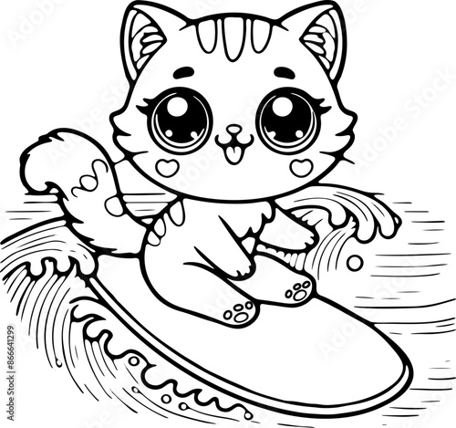 Dessin kawaii au trait de chat pour livre de coloriage pour adulte ou enfant. Trait noir totalement isolé du fond. Idéal pour conception a ajuster dans votre livre ou cahier. 