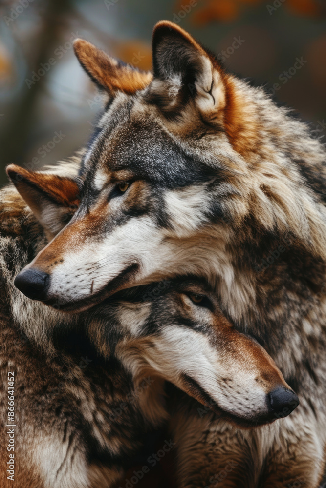 Fototapeta premium Wolves tender moment. Wildlife photography, nature documentaries, themes of love and companionship.