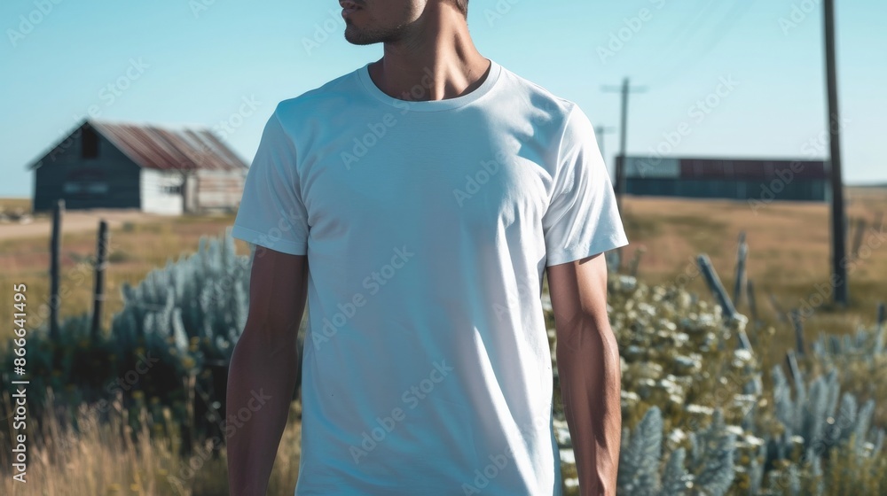 A man wearing a blank white t-shirt stands in a field A man wearing a blank white t-shirt stands in a field