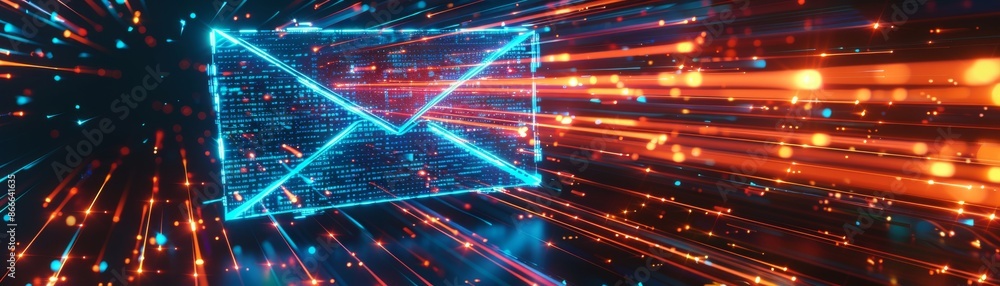 Fototapeta premium Glowing blue and orange mail icon on a digital background with light streaks, representing a cyber security concept