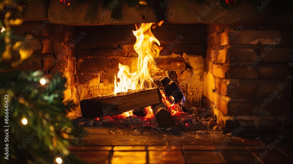 An indoor fireplace burning real wood. A cozy winter concept with a Christmas and travel background. An indoor fireplace burning real wood. A cozy winter concept with a Christmas and travel background.