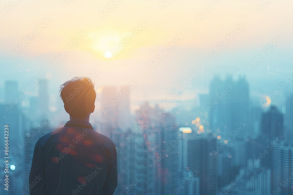 Silhouetted businessman and woman gaze at the bustling New York City skyline, embodying urban success and career aspirations Silhouetted businessman and woman gaze at the bustling New York City skyline, embodying urban success and career aspirations