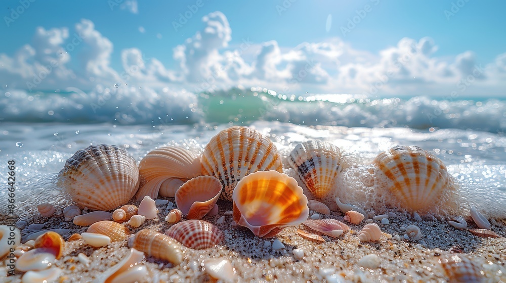 Pristine seashells scattered on a sandy beach with ocean waves and blue sky in the background, capturing a peaceful seaside moment. Pristine seashells scattered on a sandy beach with ocean waves and blue sky in the background, capturing a peaceful seaside moment.