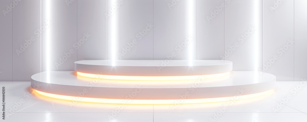 Obraz premium Abstract white background of futuristic architecture, neon lighting, empty podium, copy space. 
