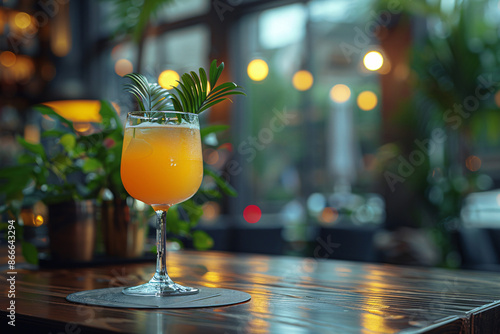 A tropical cocktail, vibrantly orange, garnished with fresh greenery, stands on a wooden bar, illuminated by soft lights in a lush, plant-filled lounge setting photo